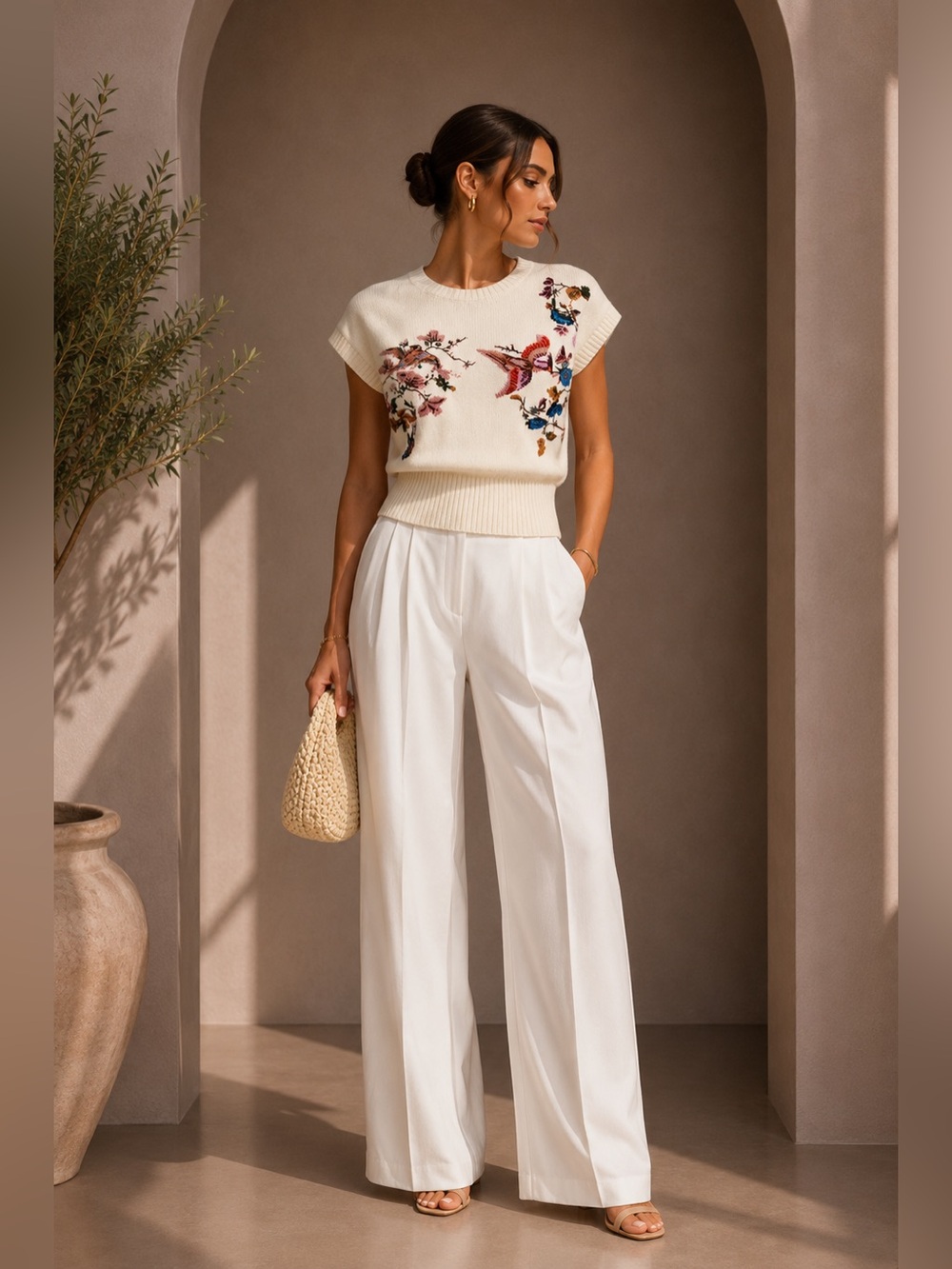 Commense Cream Short Sleeve Embroidered Knit Top